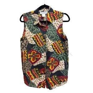 Tribes Abstract Print Sleeveless‎ Top Silk Button Down Blouse Vintage